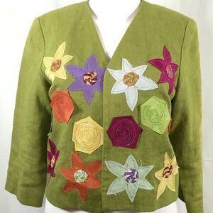 Kenneth Nolan Blazer Jacket Womens Sz 4 Green Multicolor Floral Linen Cropped
